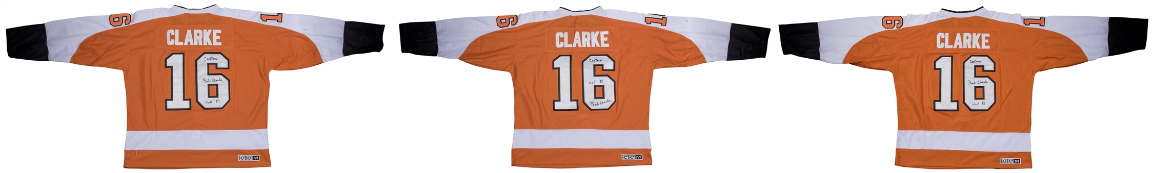 Lot of (3) Bobby Clarke Autographed Orange Flyers Jersey with Captain and HOF Inscriptions (JSA)